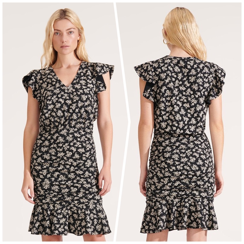 Veronica Beard Black Floral Ruffled Sleeve Dress